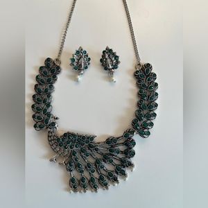Peacock Emerald colour Necklace and Ear stud